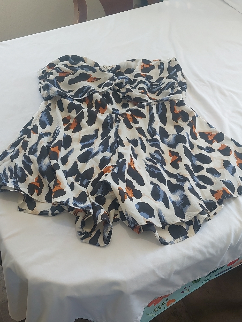 Strapless Animal Print Romper - Navy & Rust on Cream.Size XL